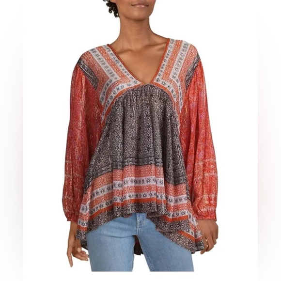 Free People Tops - Free People Aliyah Print Tunic Black and Orange Combo. Size Medium